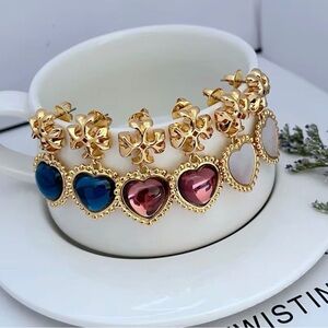 Tory Burch 18K Plated Bundle Of 3 Pairs Of Heart Earrings Blue, Pink & Mop